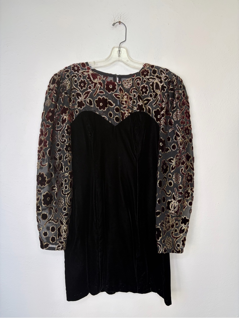 Vintage Algo Black Velvet Long Sleeve Dress with Floral Embroidered Sleeves